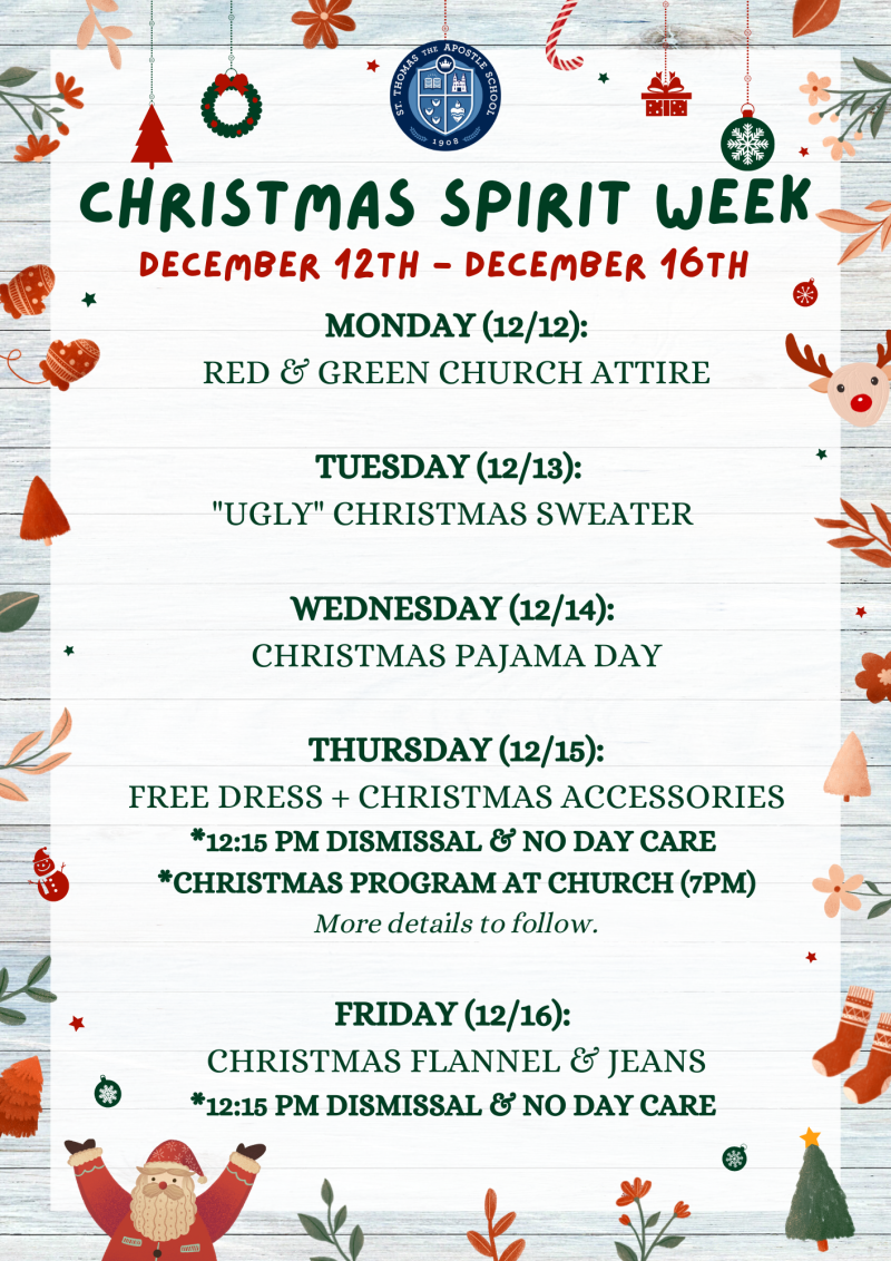 Christmas Spirit Week begins on December 12th! | St. Thomas the Apostle ...